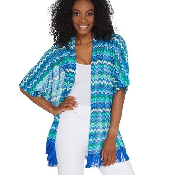 GRAVER Susan Graver Novelty Knit Kimono with Tassel Trim Turquoise Size L Beach - Picture 1 of 8